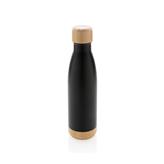 Vakuum rustfrit stål flaske med bambus låg og bund, sort
