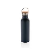Modern stainless steel bottle with bamboo lid, blue