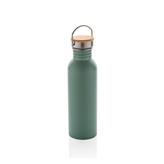 Modern stainless steel bottle with bamboo lid, green